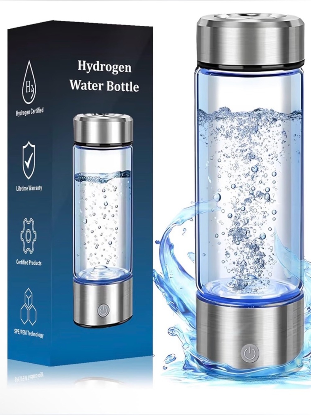 Portable Hydrogen Water Bottle - Silver Glass